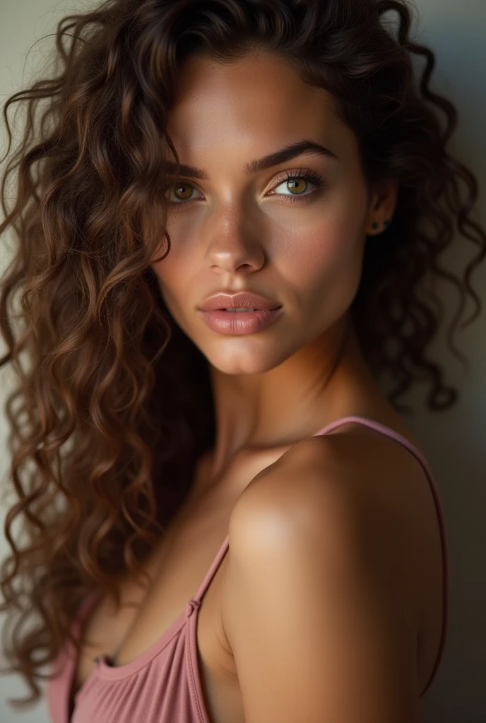 A brunette girl with curly hair and brown pussy