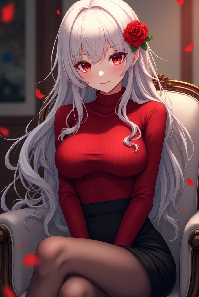 Anime woman with long white hair and red eyes. Wearing a red turtleneck sweater tucked into a black skirt, and sheer stockings with high heels. She has some of her hair pinned back and a rose as decoration in her hair. She is sitting in a chair with her legs crossed.