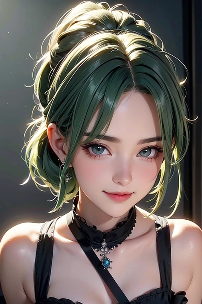 high quality, 8k, Ultra detailed, hdr, studio light, Masterpiece, 1girl, cute face, olive green hair, green hair, pony tail hair style, big beautiful grey eyes, smile, closed mouth, black dress, messy hair, dynamic pose realistic, detailed and correct facial structure, fantasy art style, girl black dress, gorgeous dress、jewely、Perfect Angleperfect-composition, no background