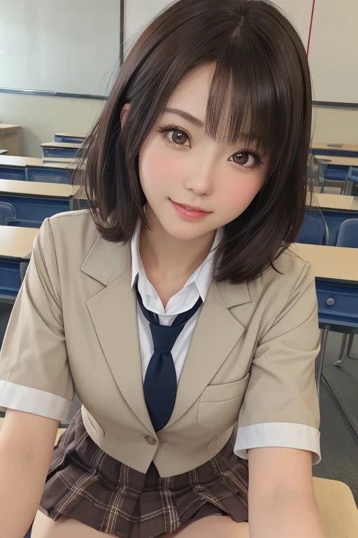 best quality, face focus, soft light, (depth of field) ,ultra high res, (photorealistic:1.4), RAW photo,(upper waist:1.4) ,
1japanese girl, solo, cute, (shy, smile:1.1), (brown eyes), detailed beautiful face, (short hair ),
High School Classroom, (sit chair),
(school uniform:1.4,navy skirt,navy Blazer)