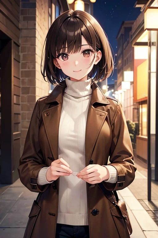 anegasaki nene、Shiny brown hair, short hair, (Beautiful brown eyes、Sparkling eyes, Fine grain)、smile、Ultra-detailed eyes、Highly detailed face, Highly detailed eyes,Cowboy Shot、


nsfw、
masterpiece、High resolution、High resolution、High resolution、1 female、Very close、
(Depiction of only the upper body)、short hair、優しいsmile、
、((Wear a heavy brown coat over a white turtleneck sweater))、Night in the city、it&#39;s snowing