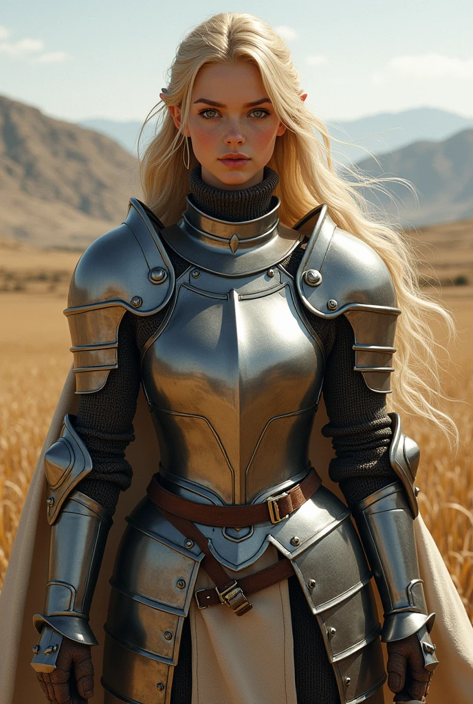 A girl, 20 years old, knight in armor, blonde hair, big breasts