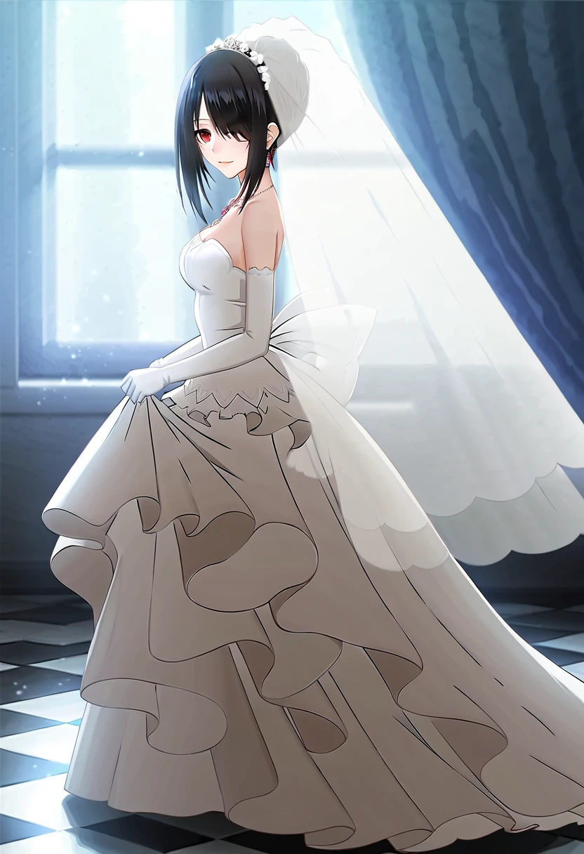 tokisaki kurumi,((masterpiece)),(((best quality))),((ultra-detailed)),((illustration)),((disheveled hair)),((frills)),(1 girl),(solo),1girl,bare shoulders,black hair,bow,bridal veil,bride,checkered,checkered floor,clothes pull,clothing,cross,dress,dress lift,dress pull,earrings,elbow gloves,female,female only,full body,garter straps,glass slipper,gloves,hair bun,hair over one eye,hand on window,headdress,head turned,high heels,jewelry,lace,lace trim,lace-trimmed legwear,lace-trimmed thighhighs,legs,lingerie,long legs,looking at viewer,necklace,open dress,open wedding dress,parted lips,red eyes,shoes,short hair,short hair with long locks,side view,smile,strapless dress,sunbeam,sunburst,sunlight,thighhighs,tied hair,veil,wedding dress,white bow,white legwear,white thighhighs,window,full body,Rating:safe,profile,from side,