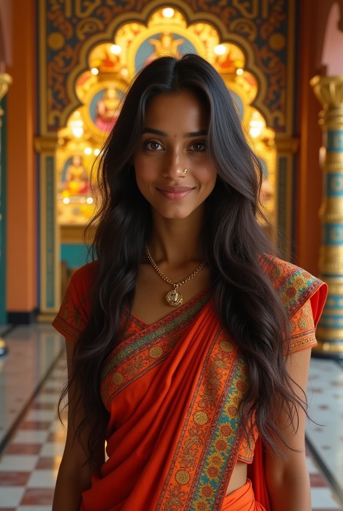 A single Indian 2 girl with long hair wearing saree in shree krishna temple and taking selfie generate a portrait image