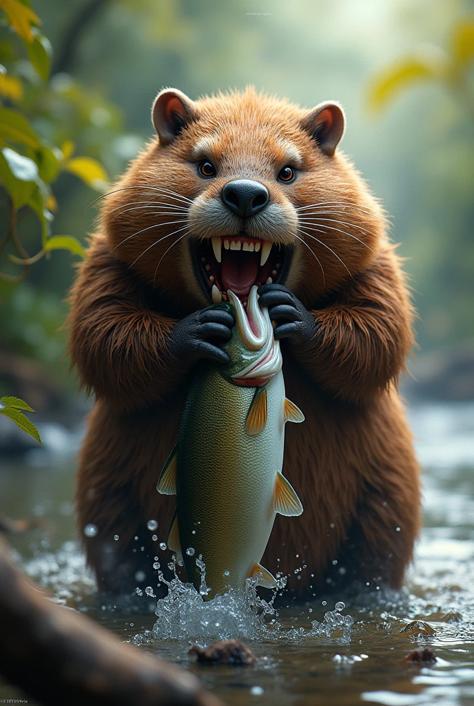Angry beaver, bite the fish while standing