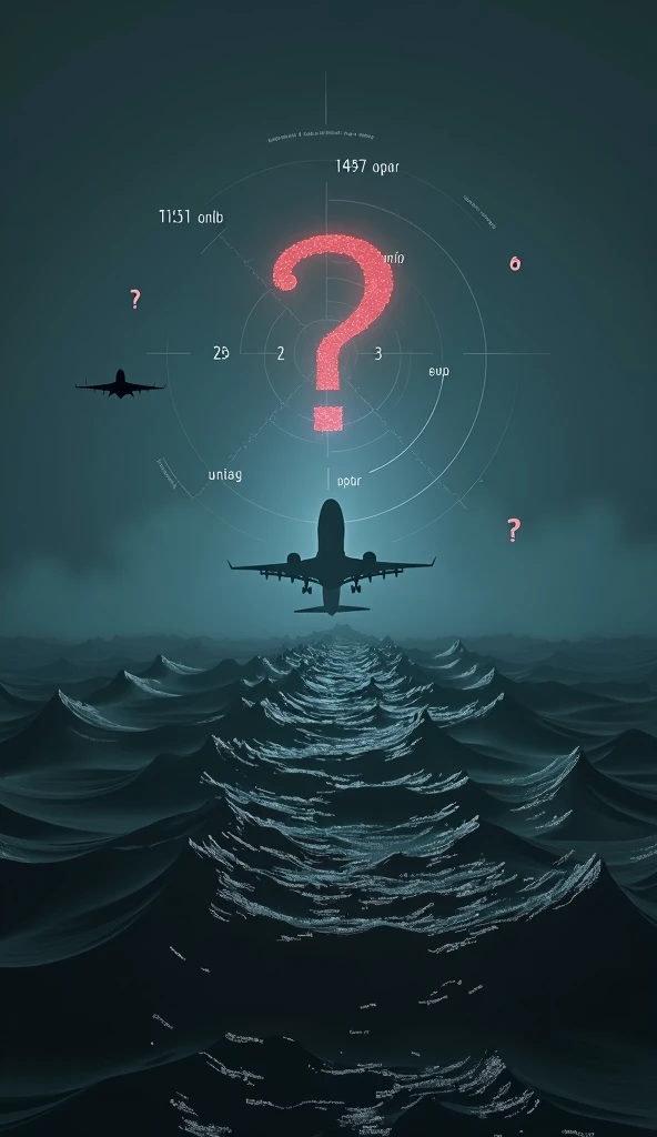 “An ominous, dark ocean at night with faint search lights illuminating the waves, highlighting debris floating in the water. A faded silhouette of a passenger plane’s tail emerging from the mist. In the background, radar graphics and red question marks symbolize the mystery. The title reads ‘MH370: The Unsolved Mystery’ in bold, dramatic letters with a shadowy effect.”