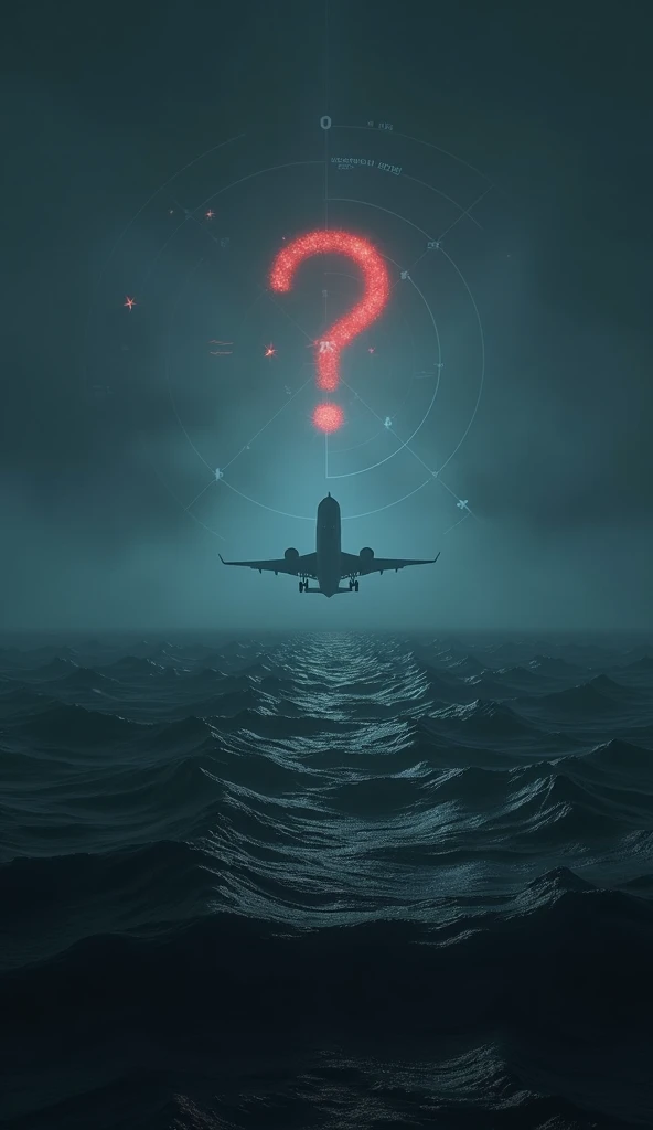 “An ominous, dark ocean at night with faint search lights illuminating the waves, highlighting debris floating in the water. A faded silhouette of a passenger plane’s tail emerging from the mist. In the background, radar graphics and red question marks symbolize the mystery. The title reads ‘MH370: The Unsolved Mystery’ in bold, dramatic letters with a shadowy effect.”