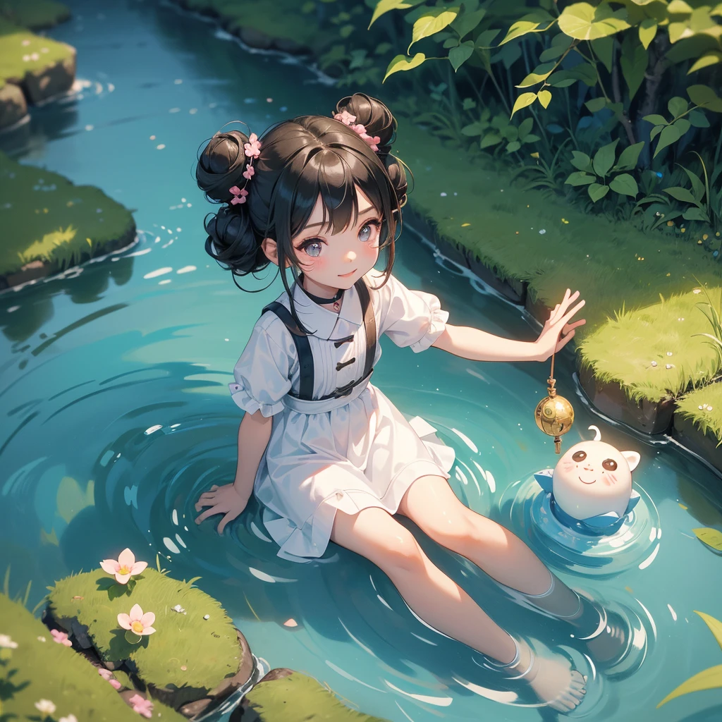 A chibi child girl had a small face and wearing a little tourist priest’s outfit, a pair of big round eyes shone with curiosity about him. This child was so cute, her hair is black with buns on her hair. Small chibi , chibi baby, smiling , chibi.
Sitting fishing next to a green stream, a blue river full of fish. flowing slowly