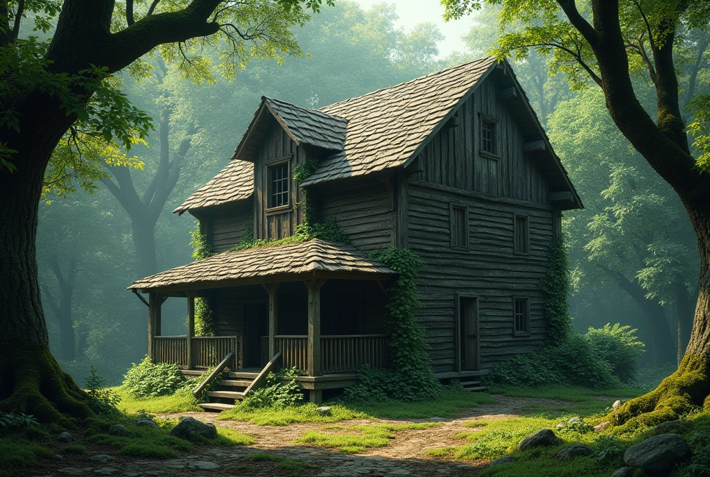 Inside an old wooden house in the forest