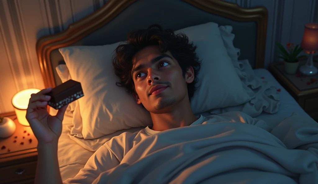 Capture the instant Rahul opens his eyes and finds himself back in his room. The magical elements around him start to disappear, leaving behind only the real world, except for a single piece of chocolate in his hand, linking the two worlds.