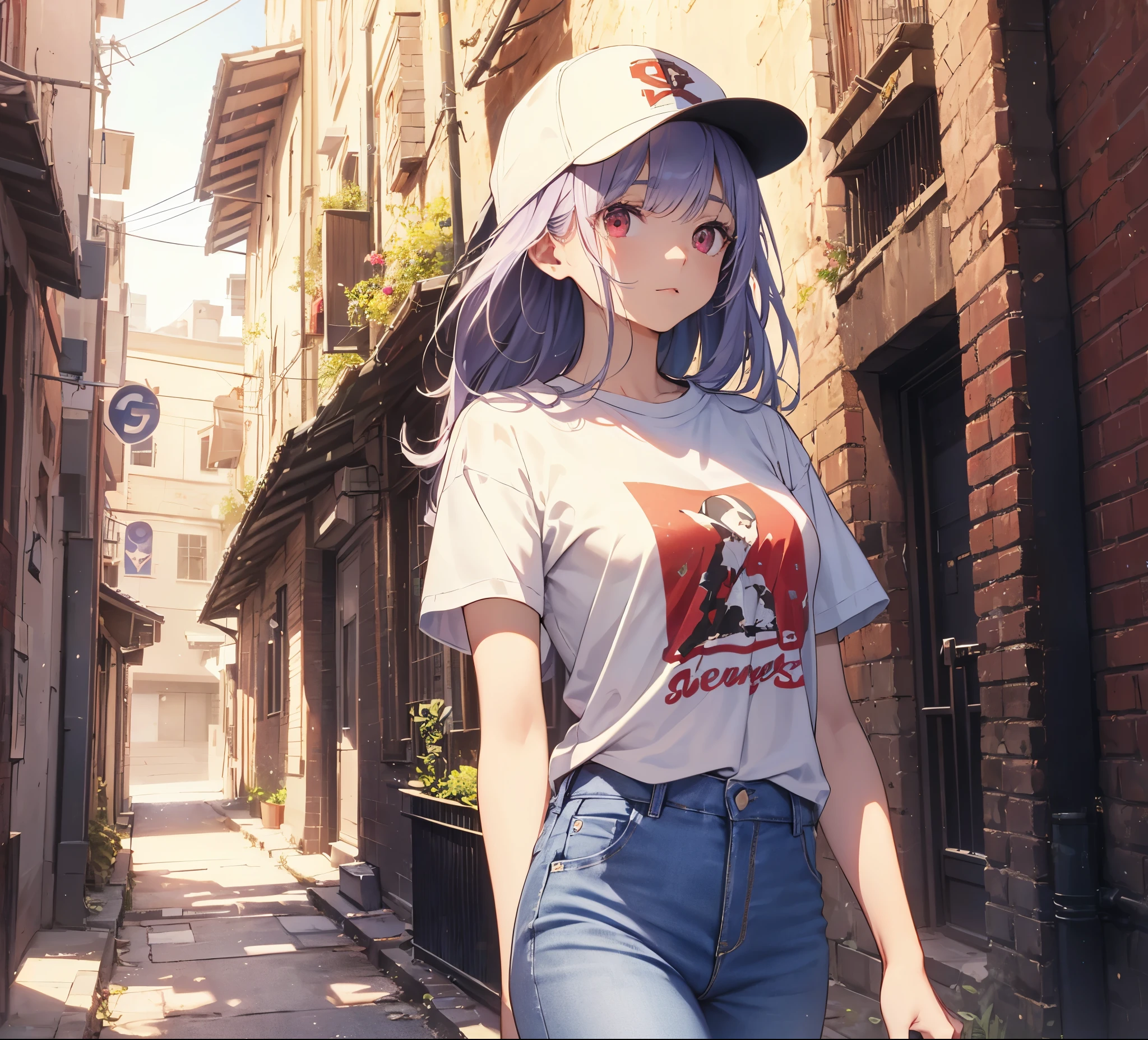(Close-up:1.3),Realistic,Highest quality, Super detailed, High-quality CG rendering, The most delicate and beautiful, Floating softly, High resolution, (1 person), (Highest quality,4K,8k,masterpiece:1.2), Light purple hair,(Long Hair:1.5),Red eyes,(Pure white oversized short sleeve T-shirt:1.3),(Pure white skinny jeans:1.3),(Pure white baseball cap:1.3),In the city,old buildings,Narrow back alley