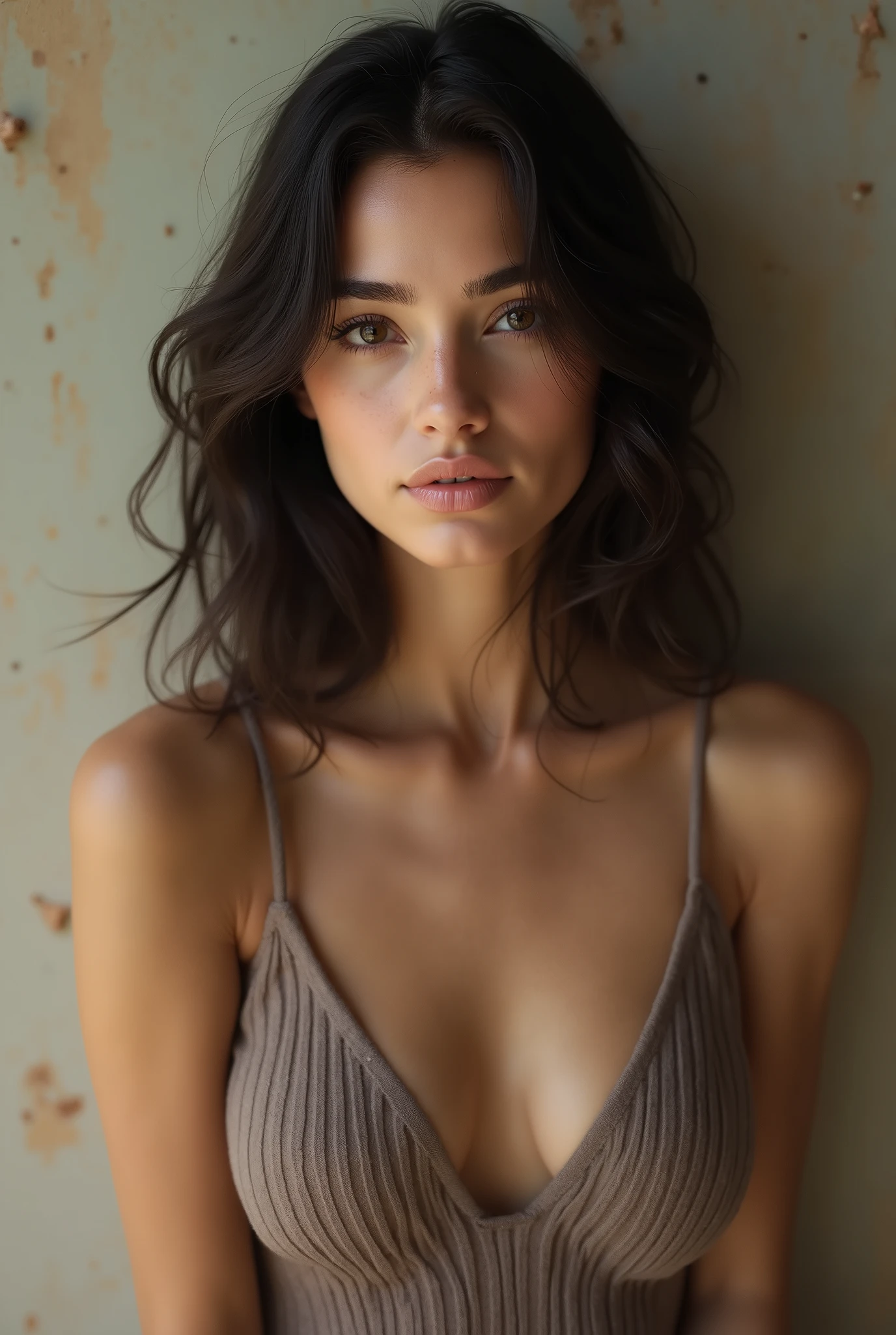 A full body picture of a spanish girl with wavy short hair, slim woman. Slender woman. natural skin texture, 4K textures, HDR, intricate, highly detailed, sharp focus, hyper-detailed