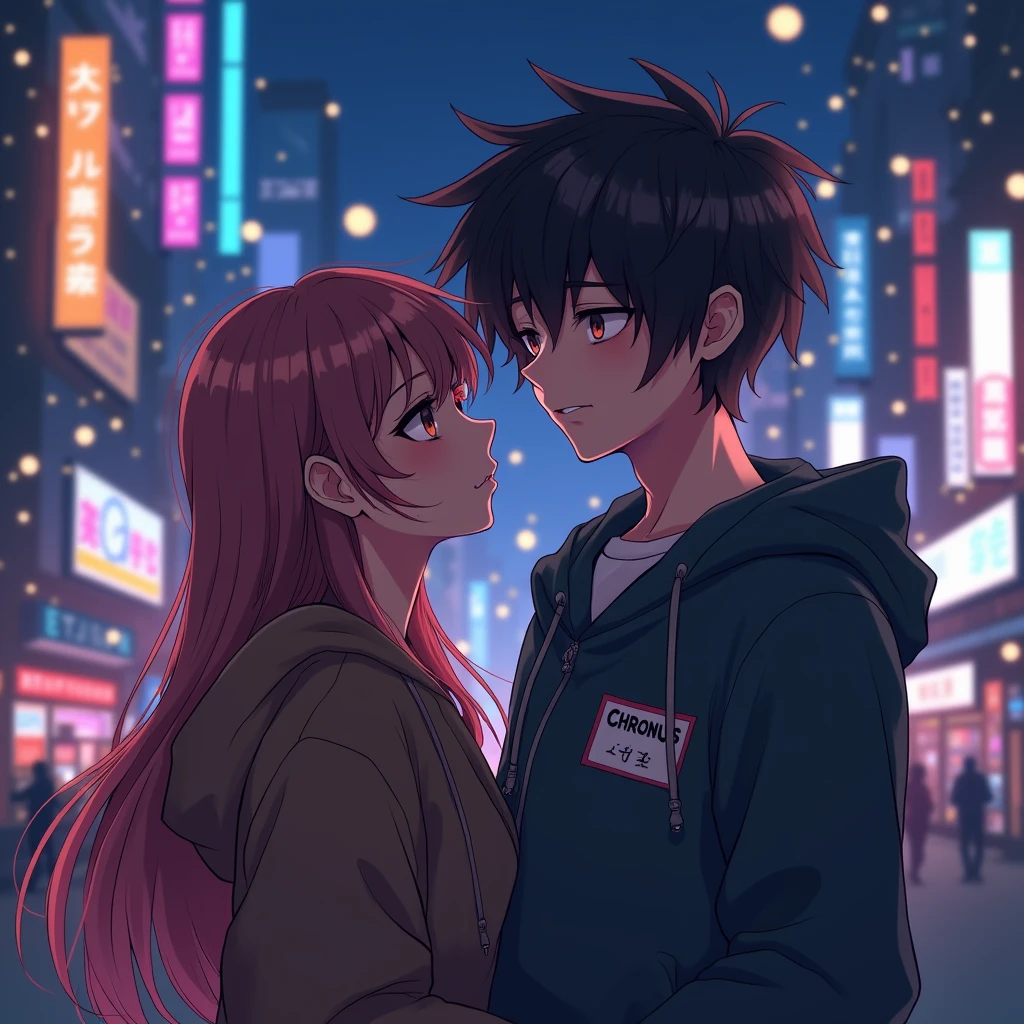 make me an Anime boy with name tag "chronus" in city lights background for couple