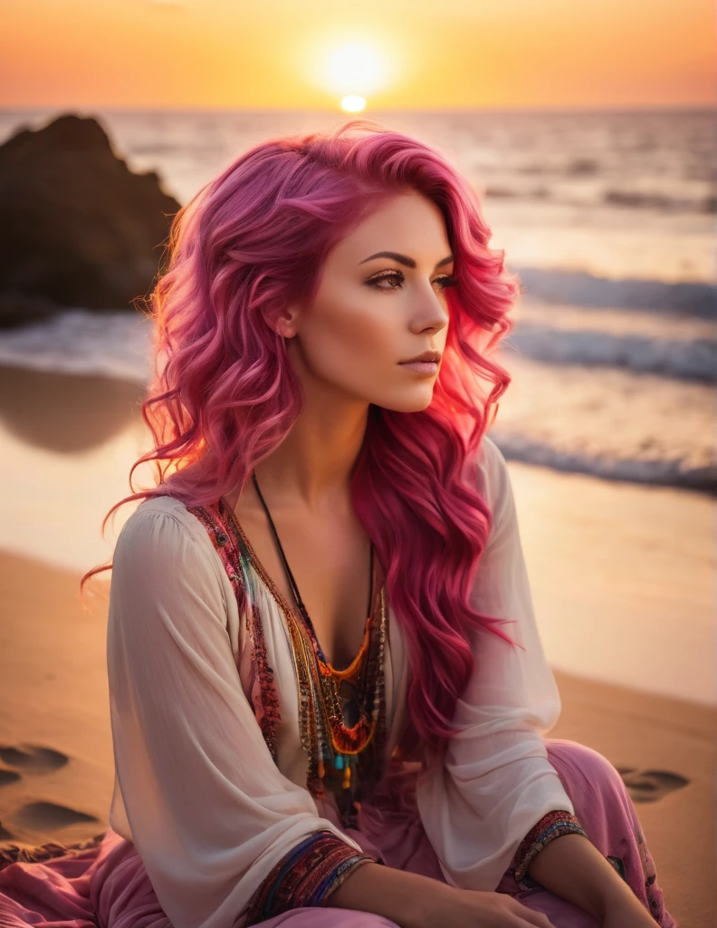 A strikingly beautiful Caucasian woman in her mid-twenties, with cascading waves of vibrant pink hair, wears a bohemian-style outfit while seated on a beach, gazing at the sunset with a sense of contemplation. The image, likely a photograph, captures her ethereal presence in high definition, emphasizing the rich hues of her hair against the backdrop of the setting sun. Her thoughtful expression and the soft glow of the evening light add to the overall serene and introspective feel of the scene.