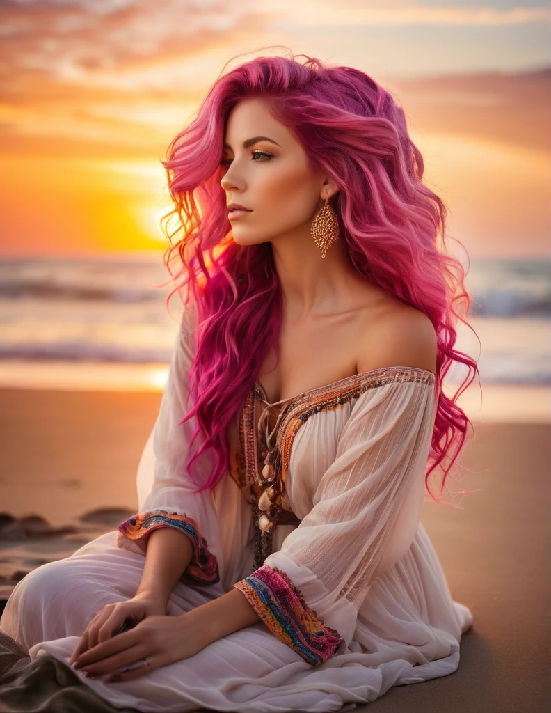 A strikingly beautiful Caucasian woman in her mid-twenties, with cascading waves of vibrant pink hair, wears a bohemian-style outfit while seated on a beach, gazing at the sunset with a sense of contemplation. The image, likely a photograph, captures her ethereal presence in high definition, emphasizing the rich hues of her hair against the backdrop of the setting sun. Her thoughtful expression and the soft glow of the evening light add to the overall serene and introspective feel of the scene.