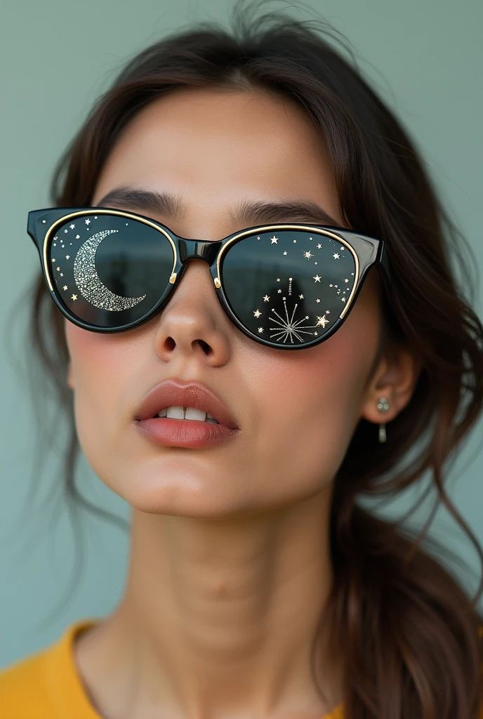 The model is wearing glass sunglasses with stars and the moon on the glass