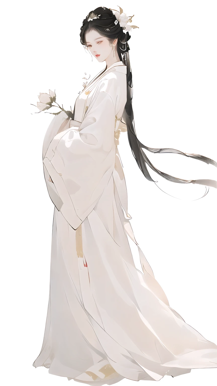 Wearing a white dress、Arav woman holding flowers, Long flowing hair and robes, flowing white robe, White Hanfu, palace , Girl wearing Hanfu, flowing white robe, wearing Flowing robe, Flowing robe, Produced in collaboration with Anime Painter Studio, Inspired by Zhao Yuan, Inspired by Lv Ji, Wearing a robe, heise jinyao