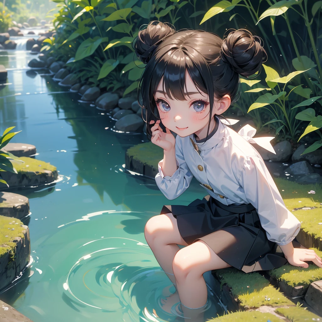 A chibi girl had a small face and wearing a little tourist priest’s outfit, a pair of big round eyes shone with curiosity about him. This childso cute, her hair is black with buns on her hair. Small chibi , chibi baby, smil, chibi.
Sitting fishing next to a green stream, a blue river full of fish. flowing slowly