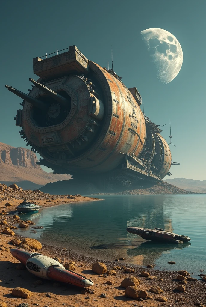 巨大な古代Sandcrawler, Detailed crashed spaceship, Detailed spaceship, movie「Dune」Sandcrawler, Derelict spacecraft, flying scifi vehicle, レトロなSF Spaceship, Very detailed, Ancient crashed spaceship, SF Spaceship, Fallout Airplane Concept Art, Ancient spaceships、lake、Two moons