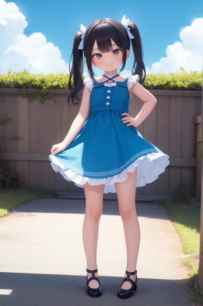 masterpiece, best quality, 1girl, looking at viewer, evil smile, blue sky, twintails, cute dress, hand on hip