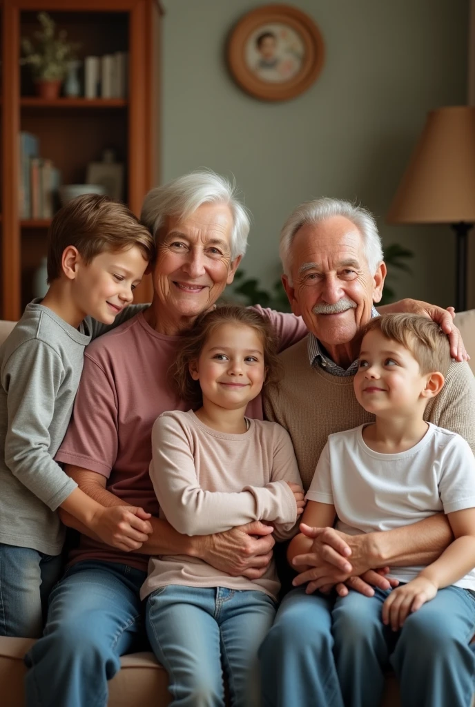 A picture where this grandfather is, grandma, a grandson, a granddaughter, and a description for Grandparents' Day