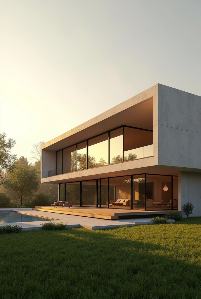 
A modern minimalist mansion with a unique facade, set on expansive grounds, bathed in the warm glow of the afternoon sun. The ultra-realistic image captures every intricate detail, from the sleek lines of the architecture to the shimmering reflections on the glass windows. The sun casts long shadows across the manicured lawn, creating a sense of tranquility and sophistication. The image is rendered in 8k resolution, showcasing the exquisite details and photorealistic quality. 
