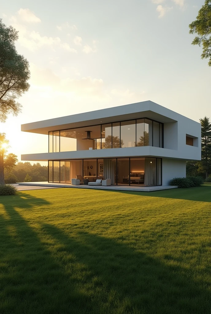 A modern minimalist mansion with a unique facade, set on expansive grounds, bathed in the warm glow of the afternoon sun. The ultra-realistic image captures every intricate detail, from the sleek lines of the architecture to the shimmering reflections on the glass windows. The sun casts long shadows across the manicured lawn, creating a sense of tranquility and sophistication. The image is rendered in 8k resolution, showcasing the exquisite details and photorealistic quality.