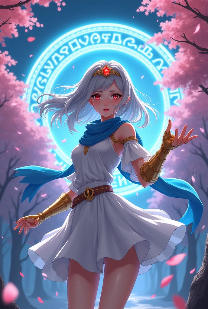 ((greatest masterpiece:1.3, ultimate quality:1.3, ultra-detailed:1.2)), (movie lighting), ((perfectly sensual)), super fine illustration, an extremely delicate and beautiful, 4K, 8K, 16K, UHD, Create a dynamic fantasy anime-style illustration featuring a young, powerful sorceress standing in a heroic pose. The character should have flowing silver hair that reaches her shoulders, with a golden tiara adorned with a red gemstone resting on her forehead. Her eyes should be a vibrant red, and her expression determined and focused. She wears a white, off-shoulder dress with a short, flowing skirt that accentuates her graceful yet strong figure. A blue scarf wraps around her neck, billowing dramatically in the wind. Her arms are clad in long, golden gauntlets, and she is positioned as if casting a powerful spell, with one arm extended forward. The background should feature a mystical, night-time setting with cherry blossom trees on both sides, and a magical circle glowing with ancient runes in the sky behind her. The lighting should be soft, with the moonlight highlighting the character's form, and the scene should convey a sense of both beauty and power, blending elements of magic and heroism.
