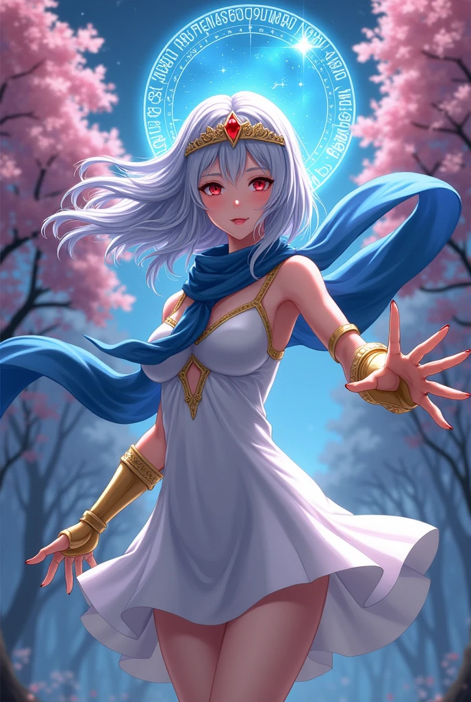 ((greatest masterpiece:1.3, ultimate quality:1.3, ultra-detailed:1.2)), (movie lighting), ((perfectly sensual)), super fine illustration, an extremely delicate and beautiful, 4K, 8K, 16K, UHD, Create a dynamic fantasy anime-style illustration featuring a young, powerful sorceress standing in a heroic pose. The character should have flowing silver hair that reaches her shoulders, with a golden tiara adorned with a red gemstone resting on her forehead. Her eyes should be a vibrant red, and her expression determined and focused. She wears a white, off-shoulder dress with a short, flowing skirt that accentuates her graceful yet strong figure. A blue scarf wraps around her neck, billowing dramatically in the wind. Her arms are clad in long, golden gauntlets, and she is positioned as if casting a powerful spell, with one arm extended forward. The background should feature a mystical, night-time setting with cherry blossom trees on both sides, and a magical circle glowing with ancient runes in the sky behind her. The lighting should be soft, with the moonlight highlighting the character's form, and the scene should convey a sense of both beauty and power, blending elements of magic and heroism.