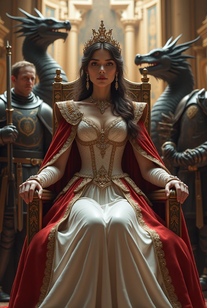 (photorealism:1.2), beautiful woman, sitting on the throne, wearing royal outfit, surround by kingsguard, in the background dragons guard the queen throne