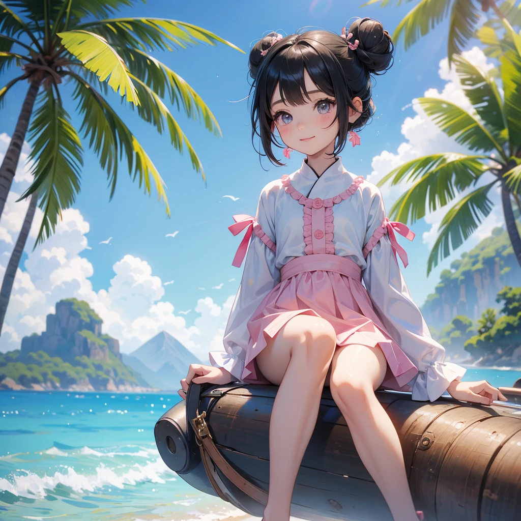 A chibi child girl had a small face and wearing a little tourist priest’s outfit, a pair of big round eyes shone with curiosity about him. This child was so cute, her hair is black with buns on her hair. Small chibi , chibi baby, smiling , chibi.
Sitting fishing By the blue sea Under the coconut tree Behind there are mountains, with low, lazily floating clouds.
