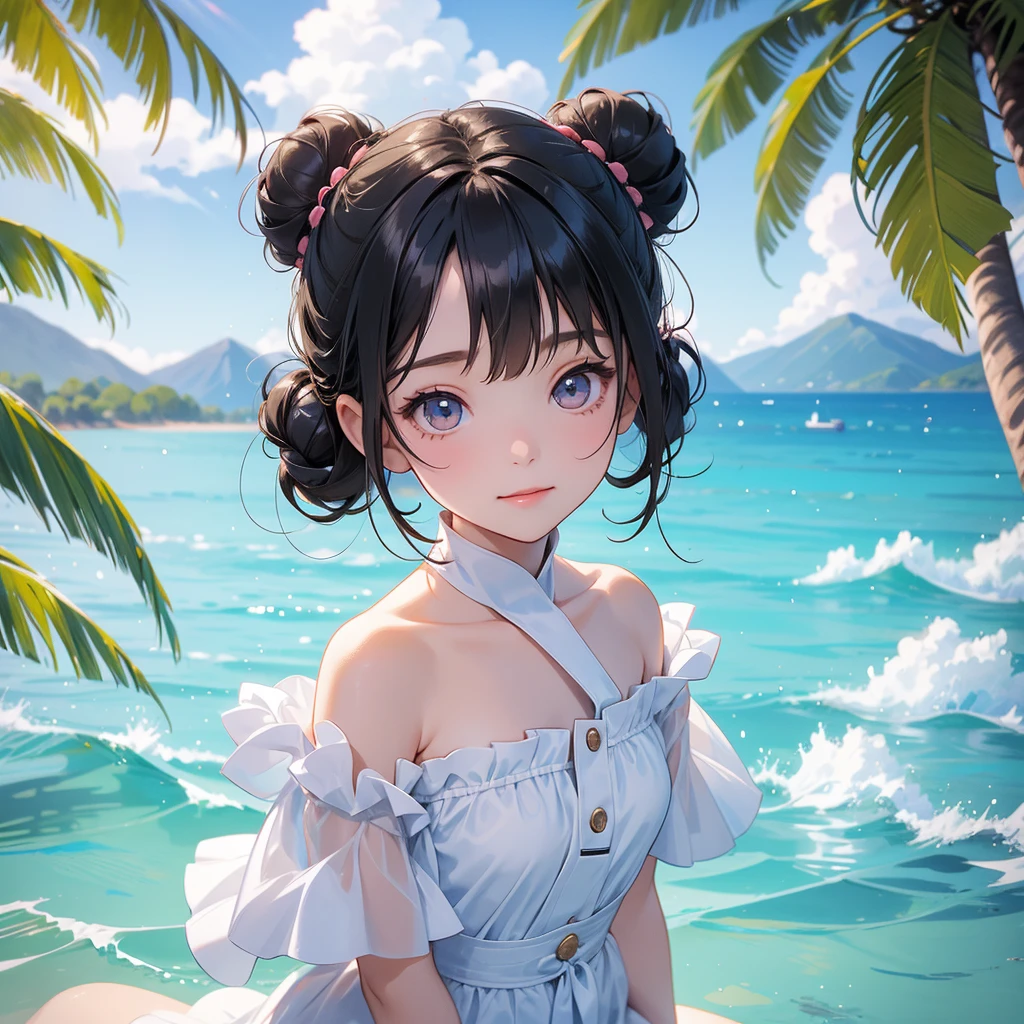 Nera、Hair Ribbon、Earrings、chest、Sash、（Highest quality、masterpiece、RAW Photos、Super detailed:1.2）、1 girl、小さなchest, Sitting, Hands on the ground beside you, Upper Body, Turn your body forward, hot, Sweating a lot, Wipe away sweat, looking at the camera, Ocean, beach, Beach, Embarrassing