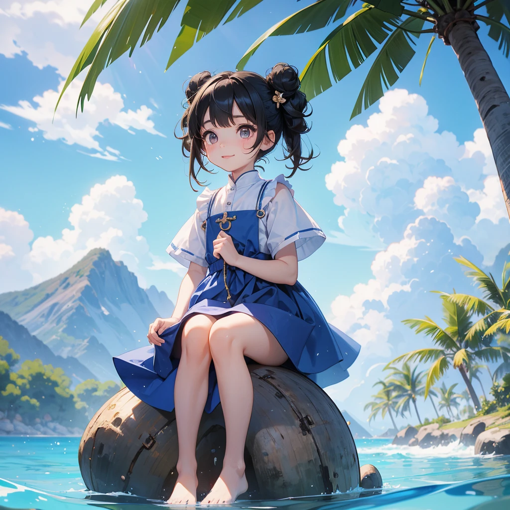 A chibi girl had a small face and wearing a little tourist priest’s outfit, a pair of big round eyes shone with curiosity about him. This childso cute, her hair is black with buns on her hair. Small chibi , chibi baby, smil, chibi.
Sitting fishing By the blue sea Under the coconut tree Behind there are mountains, with low, lazily floating clouds.