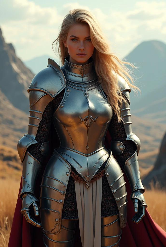 A girl, 20 years old, knight in armor, blonde hair, very big breasts
