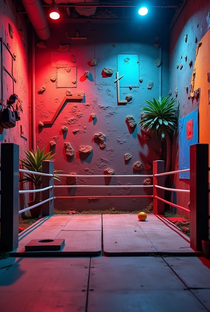 Decorate a cell phone-sized wrestling-themed background without characters that is creative but handmade with simple materials, It's for a streaming show, play with led lights