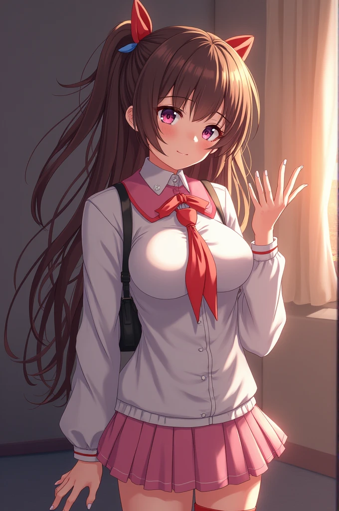 <lora:Shinka_Nibutani:0.8>, Shinka_Nibutani_\(School_uniform\), 1girl, brown_hair, light brown_eyes, school_uniform, pink_hairclip, dark_blue_blazer, red_plaid_skirt, red_bow, large_breasts, long_hair, simple_backgrund, white_background,