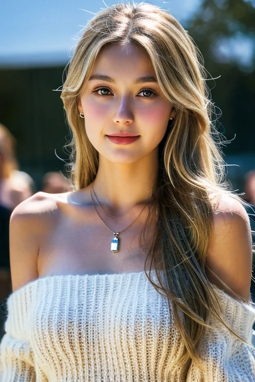1 person, 1, alone, Long Hair, Huge , Looking at the audience, blonde, Bare shoulders, Brown eyes, gem, whole body, necklace, Off the shoulder, sweater, Realistic, sexy,Large Breasts, High resolution, High detail, high quality, Textured skin,