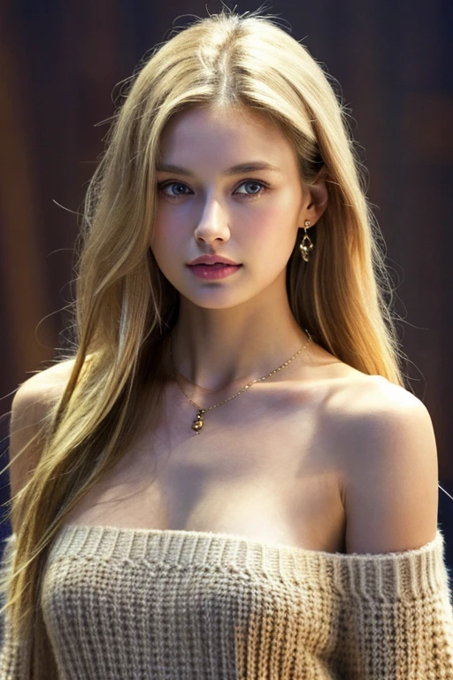 1 person, 1, alone, Long Hair, Huge , Looking at the audience, blonde, Bare shoulders, Brown eyes, gem, whole body, necklace, Off the shoulder, sweater, Realistic, sexy,Large Breasts, High resolution, High detail, high quality, Textured skin,