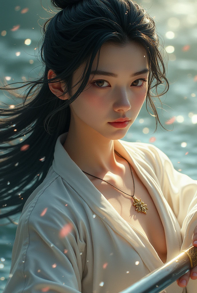 ((Young woman sitting near the river bank)) with her body slightly forward and her face up, light from the left side shines through, highly detailed image, beautiful girl in Hanfu, rim light, fantasy, (((realistic photo)))