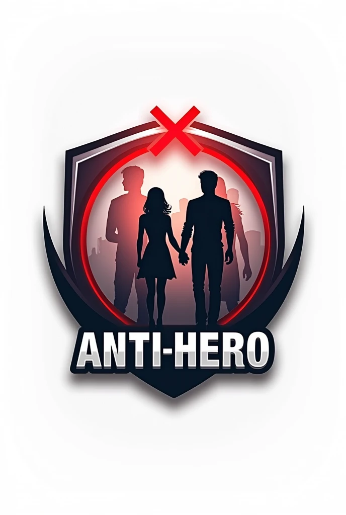 Tim esports logo, Logo Shape: Use a shield or circle with clean, bold lines for a professional look..Main Elements: In the middle of the shield, depict two silhouettes of a couple standing side by side or holding hands. Behind them, there is a silhouette of a third figure that is the same size as the couple, be slightly to the side or behind, show an attempt to interfere.The Third Figure: This figure is the same size as a couple, with a transparency effect or a slightly different color so that it is not too striking, but it&#39;s still clearly there.Rejection: Add a large cross or red rejection element above the third figure to emphasize that the figure is unwanted..color: Use a black or metallic gray base color for the armor. Red accents for the cross and other details for strong contrast..Text: The name &#39;Anti-Hero&#39; is added below or around the shield in a bold, modern font to make it look professional..Background: color latar belakang putih untuk memudahkan penghapusan background dan memastikan logo terlihat bersih dan jelas.