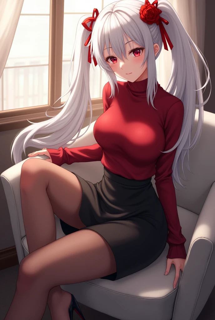 Anime woman with long white hair and red eyes. Wearing a red turtleneck sweater tucked into a black skirt, and sheer stockings with high heels. She has some of her hair pinned back and a rose and some red ribbons as decoration in her hair. She is sitting in a chair with her legs crossed.