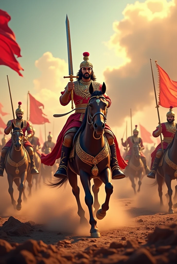 in 3d, Prithviraj in the Battlefield: A vibrant image of Prithviraj Chauhan leading his army into battle, showcasing his skills in warfare and leadership.