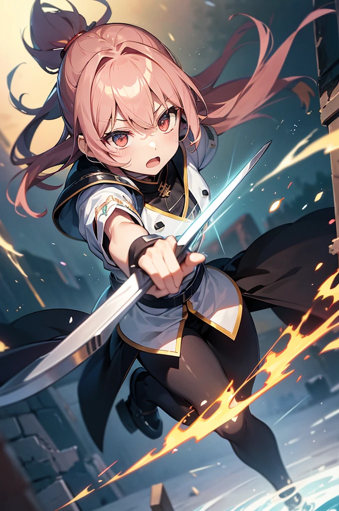 masterpiece,Highest quality,high definition,High resolution,4K,8k,Ultra high definition,Anime illustration style、Scene Setting: The desolate earth、A battle scene in the ruins。The sky is covered with dark clouds、As the thunder roars、赤い月がうっすらand見える。荒涼andした背景が、Highlight the overwhelming terror of the enemy。

キャラクターand敵の描写
キャラクター

燃えるハートの戦士: The ribbons on the armor flutter in the wind、The twin-tailed hair expresses the tension of the battle.。Hold the sword with both hands、A facial expression showing the whole body exerting itself。The eyes show strong will、I feel determined to face my fears.。Scattered particles of light float around、Emphasizing her presence。
Friends: Previously introduced「Light Archer」and「Guardian of Time」are also fighting together。「Light Archer」While dodging the enemy&#39;s attacks,、Preparing to fire an arrow of light。「Guardian of Time」controls the flow of time、Slowing down enemy attacks、Posing to protect his teammates。
Enemy character: Monday&#39;s monster: A gigantic monster with an overwhelming presence。黒い霧をまandったドラゴンのような姿で、The red eyes glow eerily、Spreading its huge wings。Flames and dark energy spew from its mouth.、Burning the ground。On the scales and parts of the body、Countless thorns々There are some small protrusions.、A design that conveys danger just by approaching。
At the moment of battle, the warrior with a burning heart、Overcoming Fear、剣を高く掲げて特大の一撃を繰り出そうandしています。Red energy gathers on the sword.、今にも放たれようandしている。
Light Archerは、Floating in the air、Just before launching a well-aimed blow at the enemy&#39;s weak spot、The moonlight gathers on the arrow and it shines.。
Guardian of Timeは、Manipulate time to block enemy movements、Giving allies a chance to attack。Brandishing a wand、The clock hands are depicted floating in the air and rotating.。
Overall atmosphere A scene capturing the moment of a tense battle。キャラクターたちの勇気and決意が、The emphasis is on the character facing the overwhelming power of the enemy.、The composition is so thrilling that it puts the viewer on edge.。背景の暗さandキャラクターたちの光の対比が、戦いの激しさand希望の輝きを一層際立たせるでしょう。