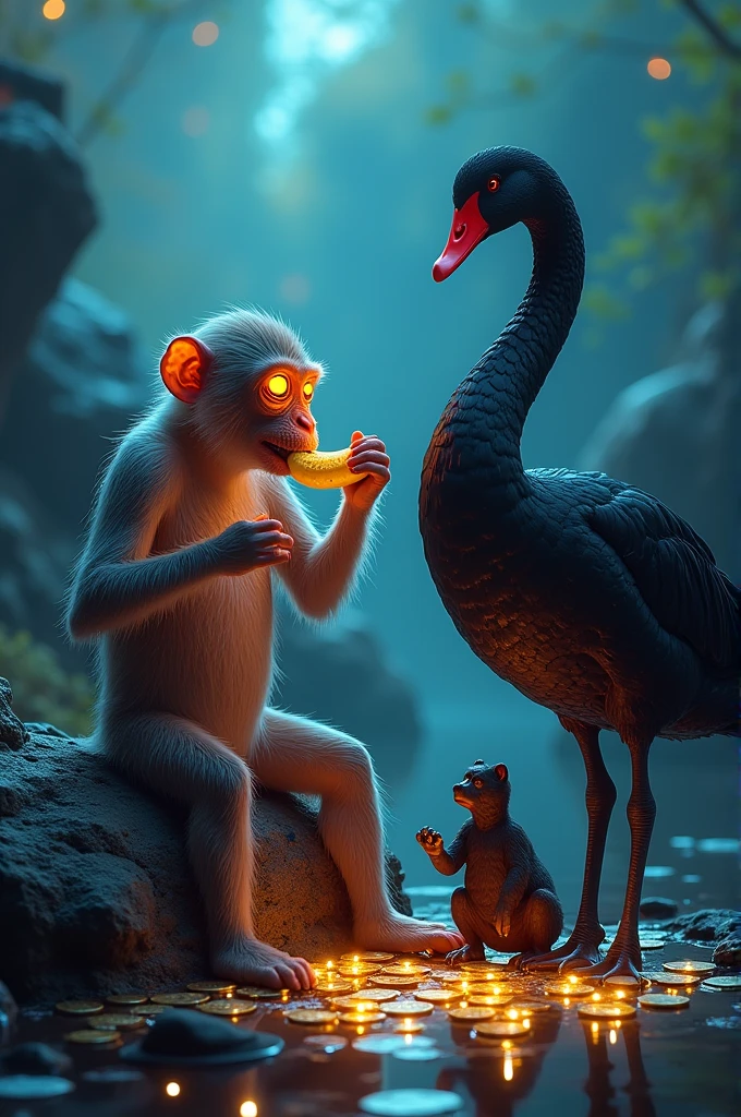Monkey with germs neon glowing, eating a poisoned banana sittijg beside a rock witha captain hat, and a black swan surrounsed by meme coins and Doge dog