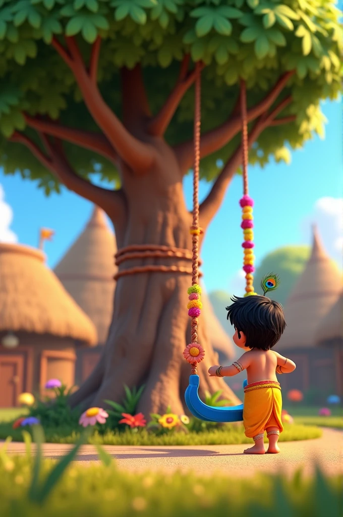 Need a 3D animation style-Krishna's Swing**
   - "A picturesque Indian village scene with a large tree in the center. Little Krishna, dressed in a yellow dhoti and peacock feather in his hair, is admiring a newly placed blue swing hanging from the tree. The swing is adorned with flowers, and Krishna is smiling joyfully, ready to share it with his friends."
