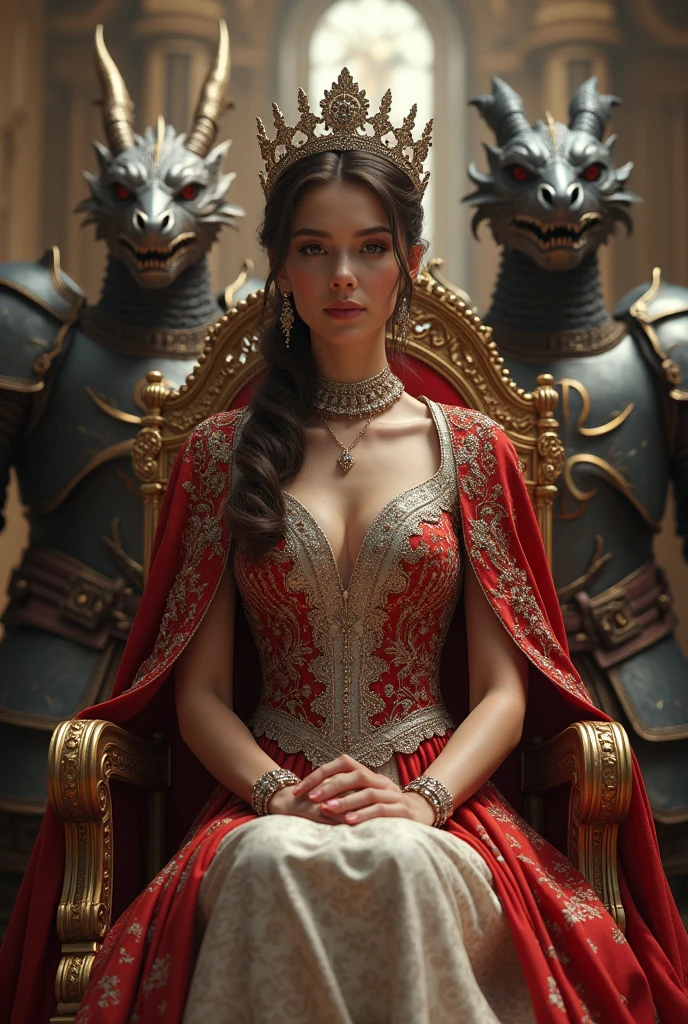 (photorealism:1.2), beautiful woman, sitting on the throne, wearing royal outfit, surround by kingsguard, in the background dragons guard the queen throne