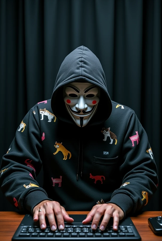 It's a robust man with a black hooded sweater with many drawings of kittens of different colors sitting using his hacker computer, he has a white V for Vendetta mask with red eyes with black pupils, behind him there is a black curtain