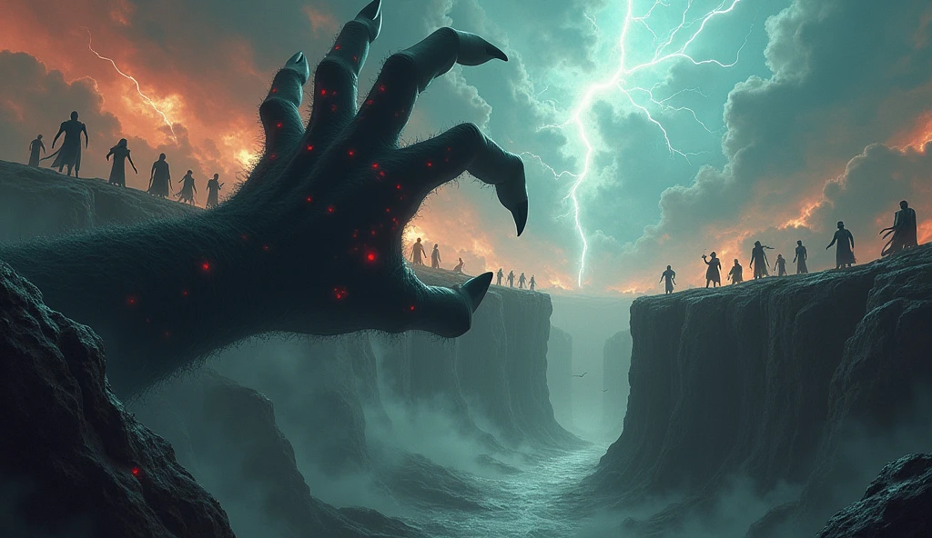 Water Flows into the Gap, A huge crack in the ground from which a huge shaggy hand stretches out, Sharp Claws Black Demonic and Holds onto a Ledge in the Depths Eyes Are Visible Glowing Bright Red,in the Sky Floating in the Air, There are many Gods standing on the Clouds ,Waiting, Getting ready, Before the Battle Epic Scene, cinematic, Very clear, You can feel the heat, Natural Anomalies Winds Tornadoes Circling, Lightning strikes the sky, A Spectacular Spectacle The Enormous Scale of What&#39;s Happening,Epic Battle Scene,