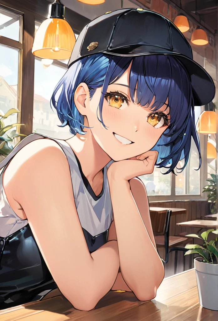 masterpiece, best quality, absurdres, score_9, score_8_up, score_7_up, source_anime, 1girl, yellow eyes, room, medium hair, pixie bob haircut, navy blue hair, happy face, portrait, starshadowmagician, solo, Adult woman, best perfect anatomy, Pose with hands tucked behind ears, Cheek resting on hand, cafe, indoors, window, crowd, sitting, steam, looking at viewer, black baseball cap, Black Front-Open leather Jacket with white tank top, black trousers, upper body, smile, Shooting up close, Shooting from the side, hanging light, ceiling light, potted plant,