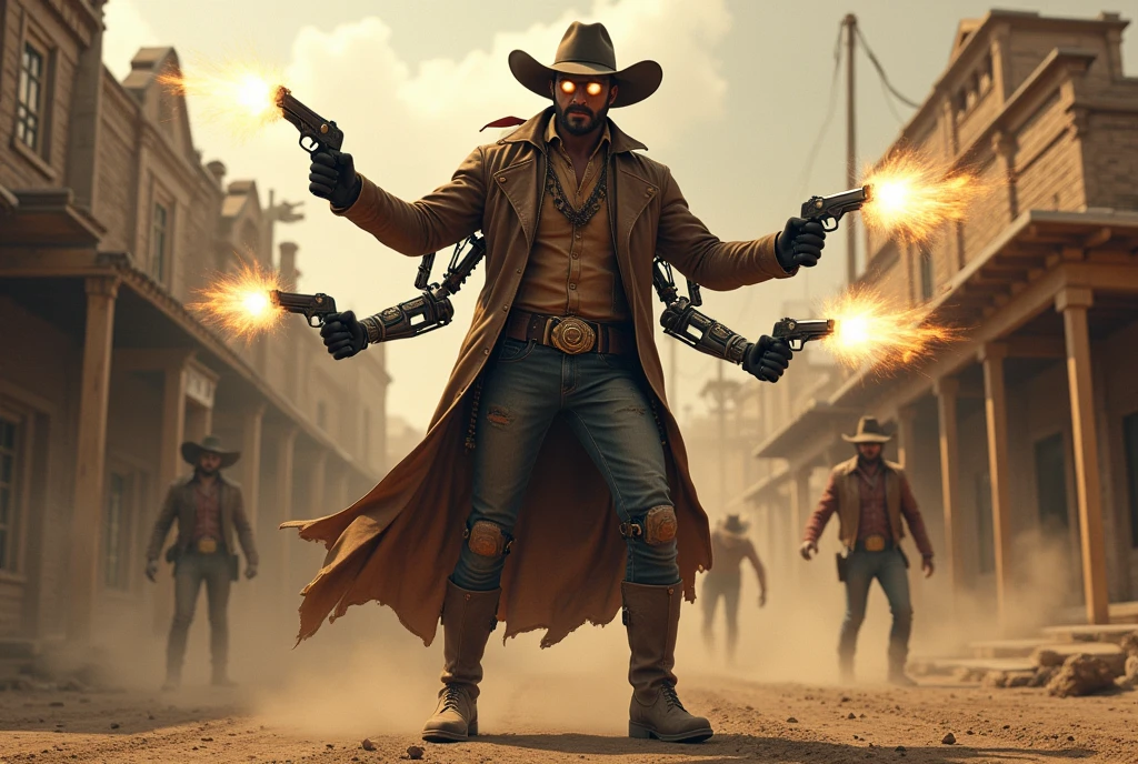 A four armed cowboy cyborg (lit eyes, cowboy hat, leather duster, guns, obviously mechanical. cowboy boots), gun battle middle of a ghost town, shootout with bandits , epic shootout, lots of gunfire, 'Jack Tombstone III' written in clear letters across the top of screen
